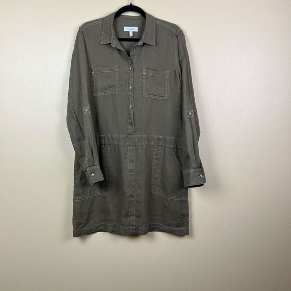 Michael Starts Dress Shirt Green Linen Contrast Stitching Size M - Picture 3 of 6